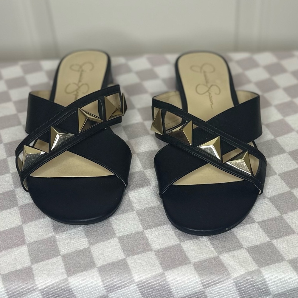 Jessica Simpson Black Sandals with Gold Studs